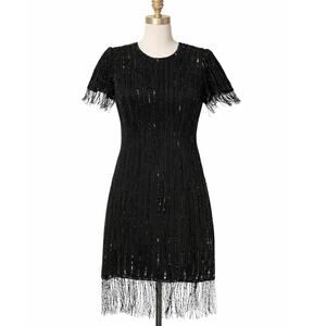 VTG Stenay Silk Beaded Revenge Dress Black fringe Flapper Cocktail Gatsby 8